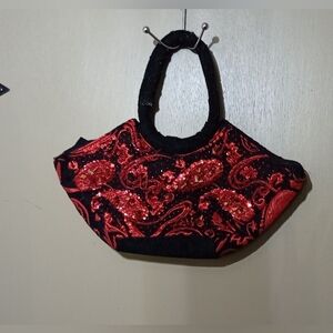 Elegant Black and Red Embroidered Handbag